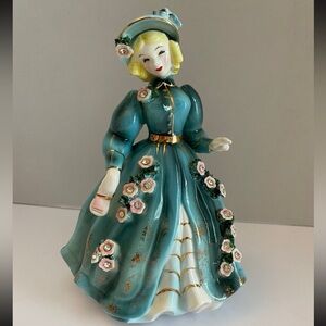 Vintage 1956 Lefton Blue Lady Figurine Flowers Rhinestones Geo Z. Lefton #10229S